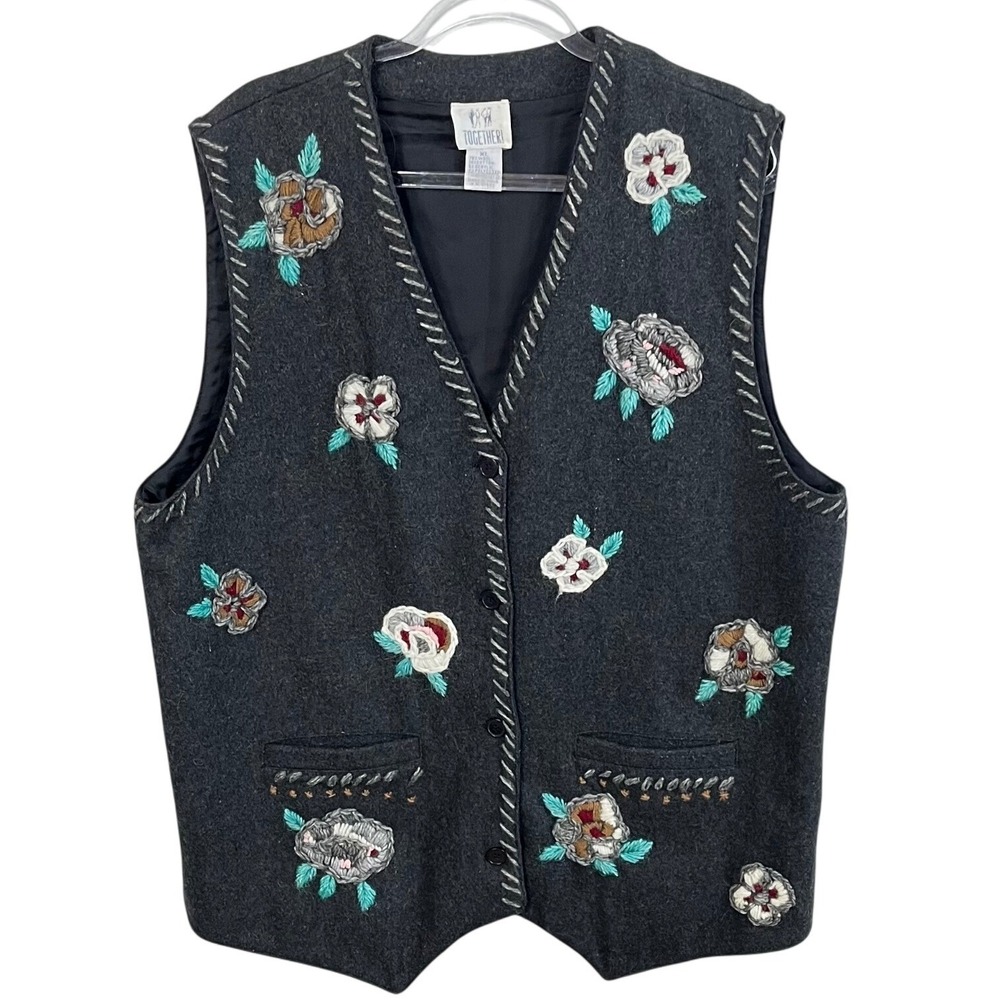 Vintage Together L‎ Charcoal Gray Embroidered WOOL Blend Women's Vest Size XL